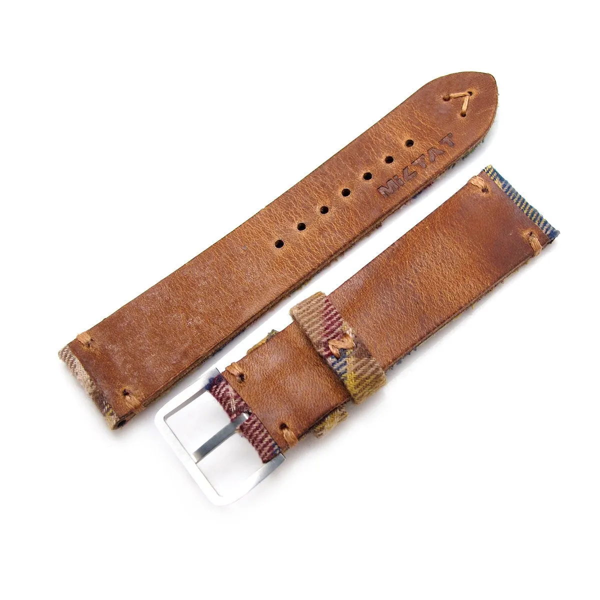 20mm, 22mm MiLTAT Stewart Camel Tartan Pattern Watch Strap, Brown Stitching