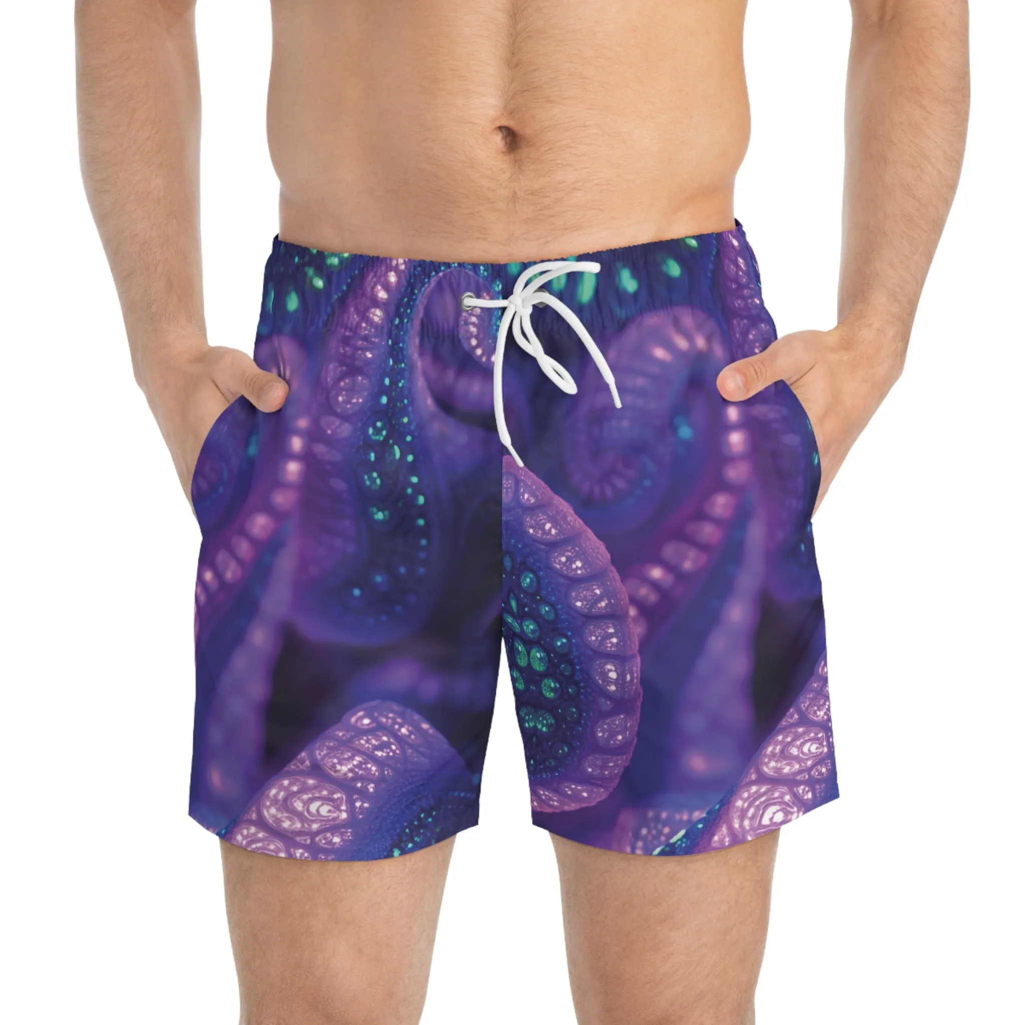 Men's Swim Trunks - Neon Purple Octopus Tentacles Design by Nina Sharae Swimwear