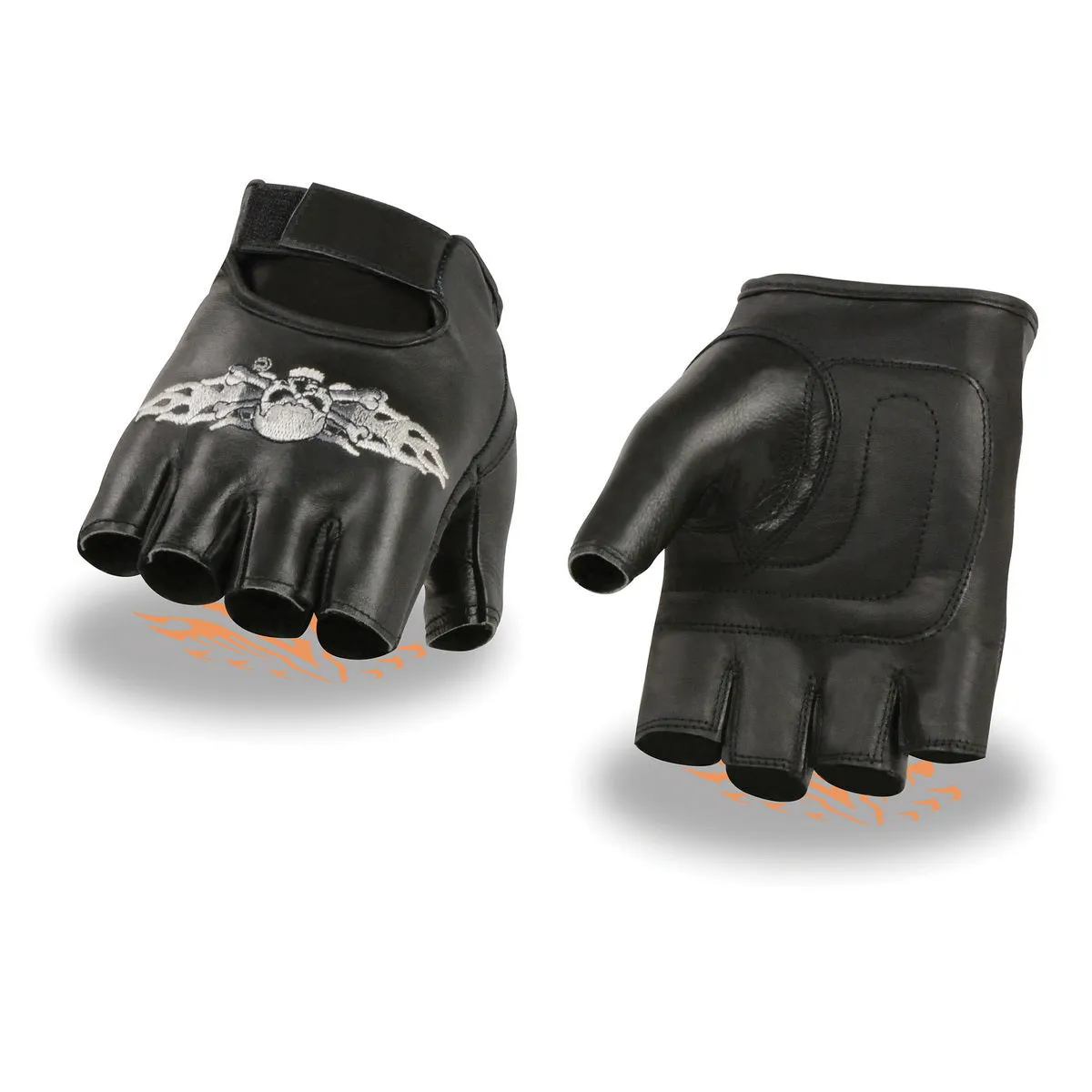 Milwaukee Leather SH353 Men's Black Leather Gel Padded Palm Fingerless Motorcycle Hand Gloves W/ Embroidered Skull & Bones