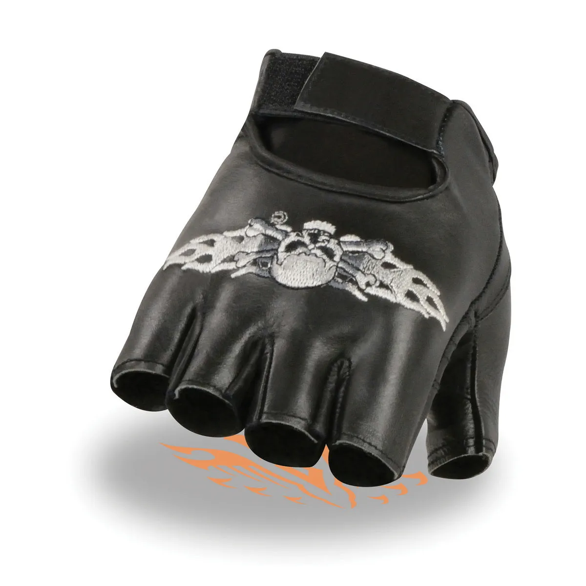 Milwaukee Leather SH353 Men's Black Leather Gel Padded Palm Fingerless Motorcycle Hand Gloves W/ Embroidered Skull & Bones