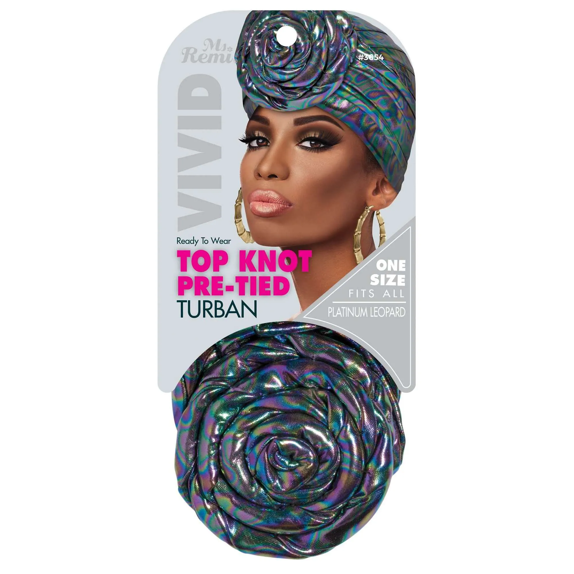 Ms. Remi Vivid Top Knot Pre-Tied Turban Platinum Leopard