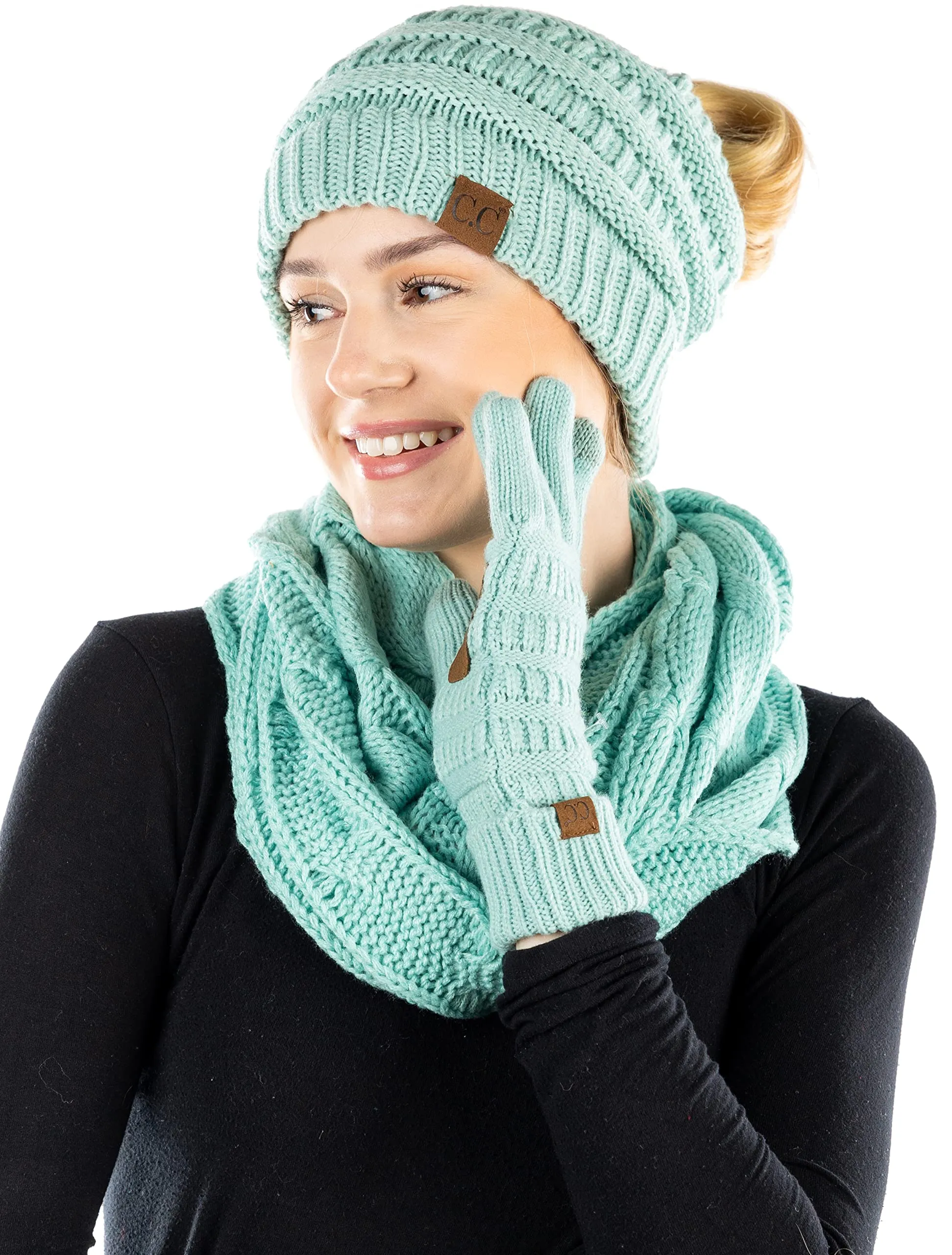 Ponytail Beanie, Infinity Scarf & Gloves Matching Set by Funky Junque