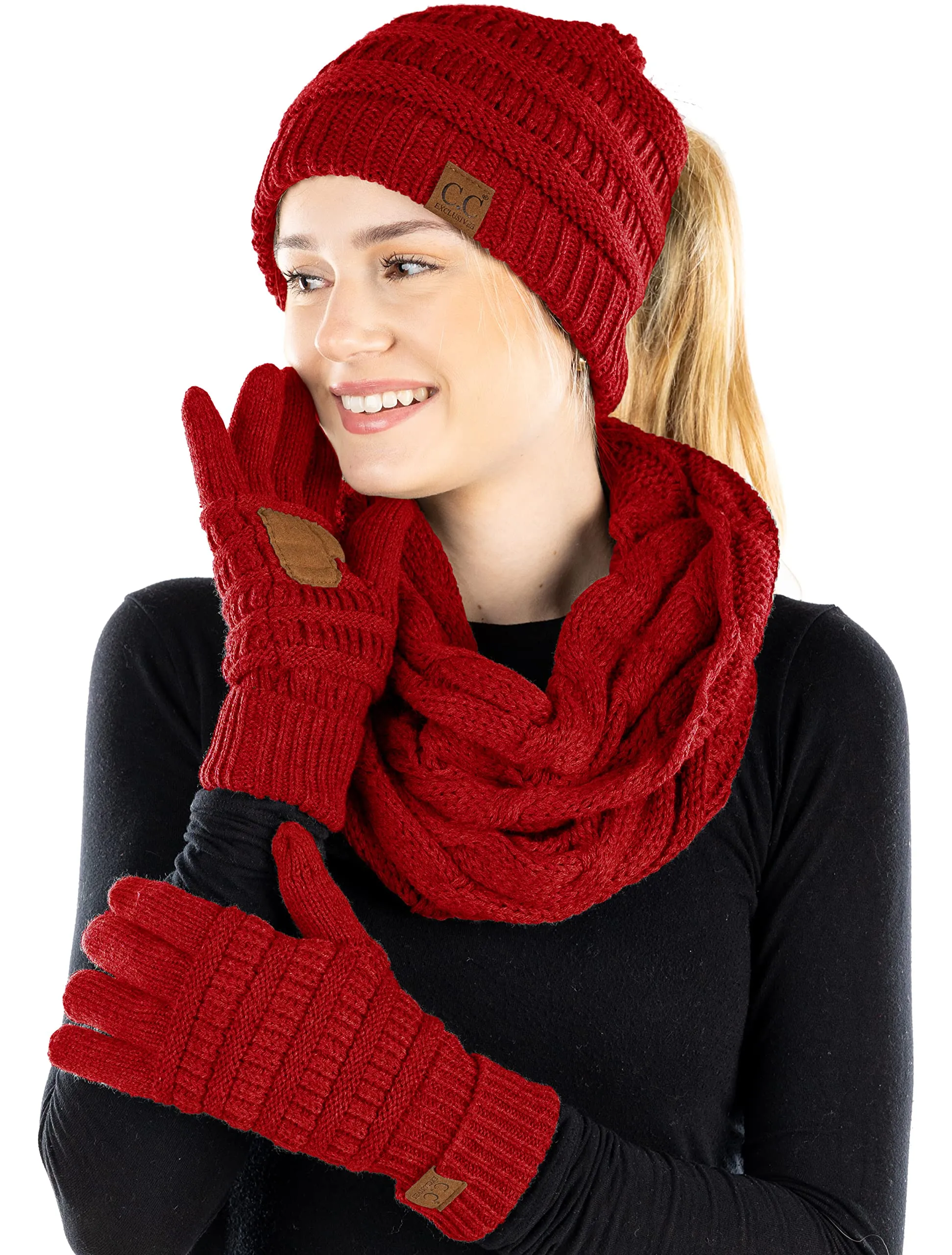 Ponytail Beanie, Infinity Scarf & Gloves Matching Set by Funky Junque