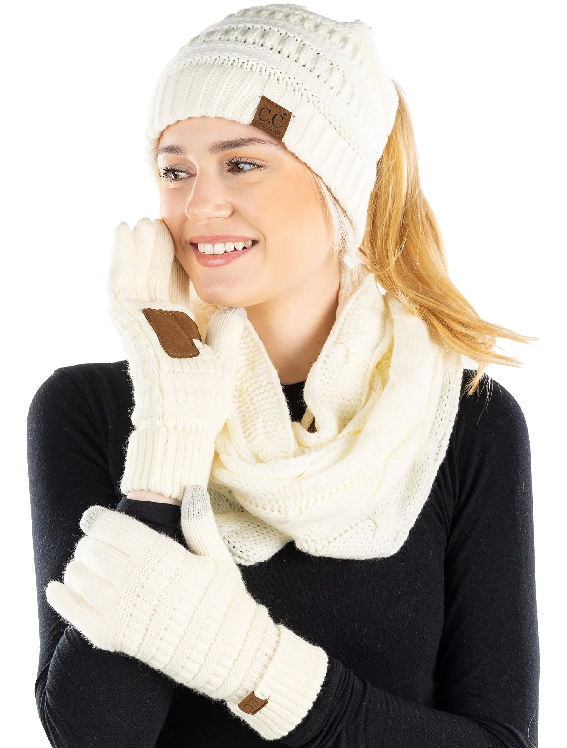 Ponytail Beanie, Infinity Scarf & Gloves Matching Set by Funky Junque