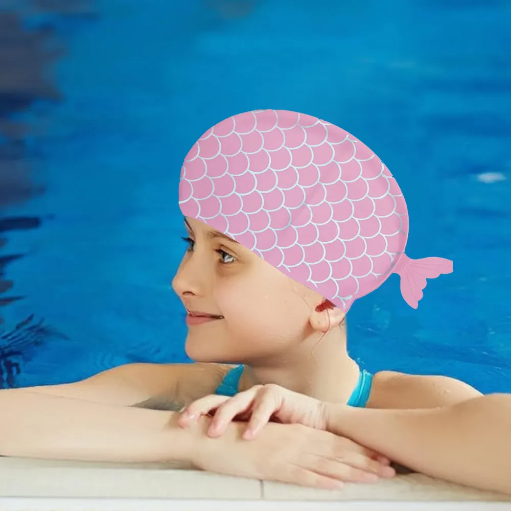 Scales Pink Fishy , Silicone Kids Swim Cap, 5 years -15 years